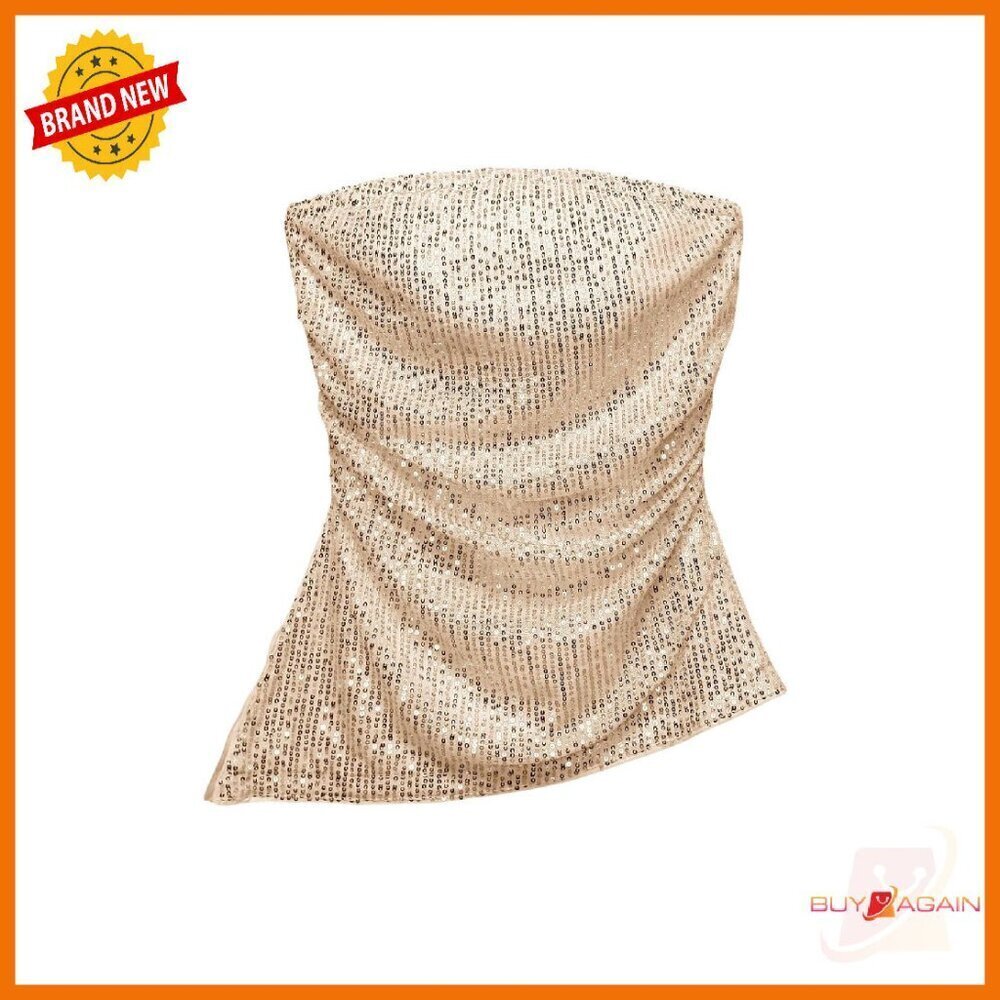 Glitter Sequin Strapless Tube Top Ruched Asymmetrical Bandeau